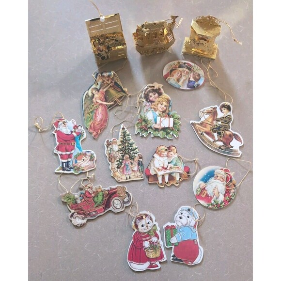 Vintage Christmas Ornaments Die Cut Cardboard and Gold Metal Pieces 70s 80s - Picture 1 of 14